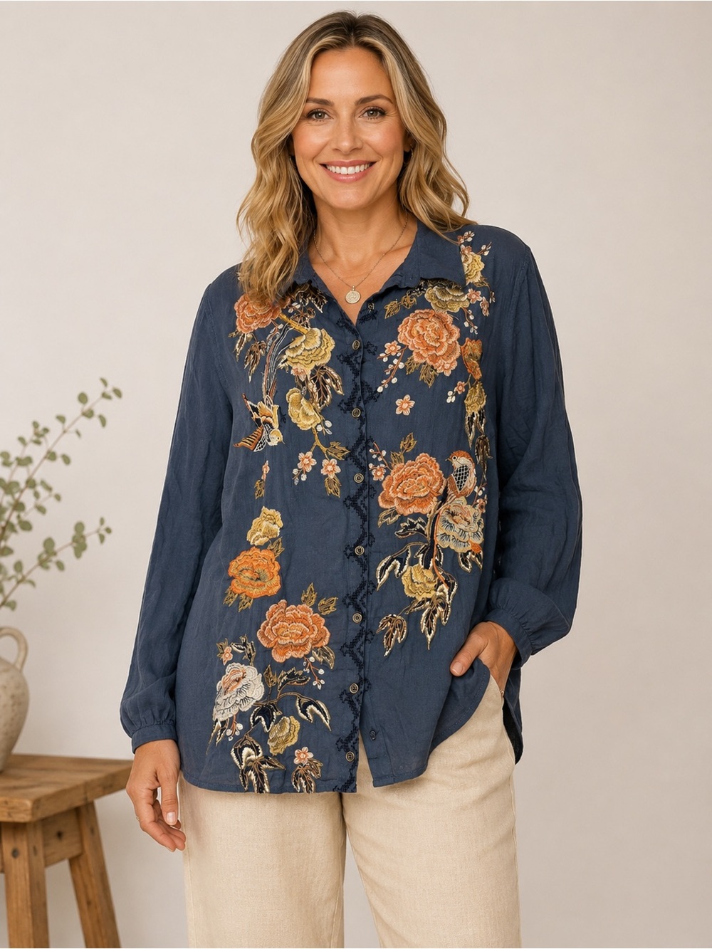 Sundance Catalog Blue Embroidered Floral Bird Button Down Tunic Top Size XL